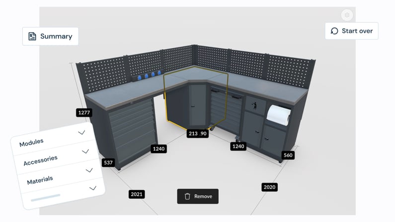 A kitchen countertop shown from a 3D configurator with 'modules', 'accessories', and 'materials' setting for modification